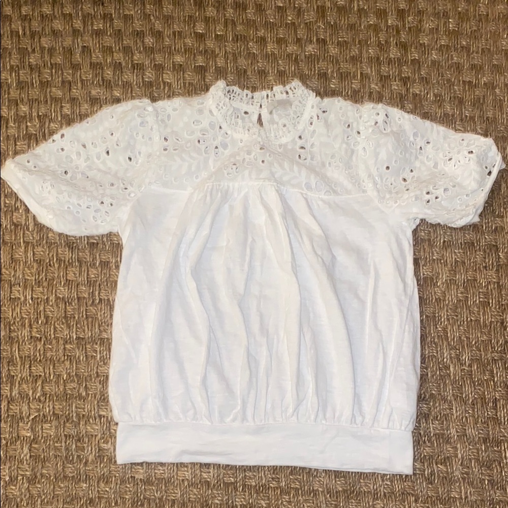 ERI + ALI Women’s Short Sleeve White Cotton Eyelet Lace Top sz Small